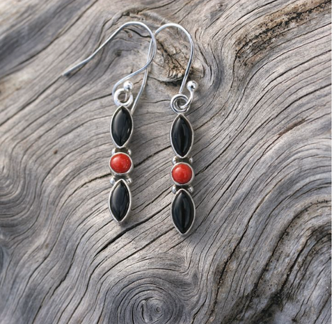 Onyx and Coral Drop Earrings (CH54)