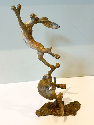Leaping Hares II. Medium Solid Bronze Sculpture (LF06)