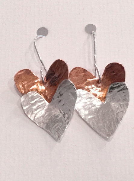 Silver & Copper Hearts Drop Earrings