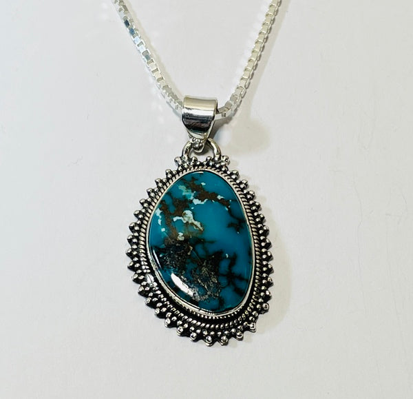 Semi-oval Tibetan Turquoise Pendant with Silver chain (PG15)