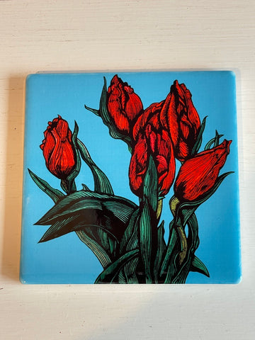 Tulips on Blue Coaster (RM)
