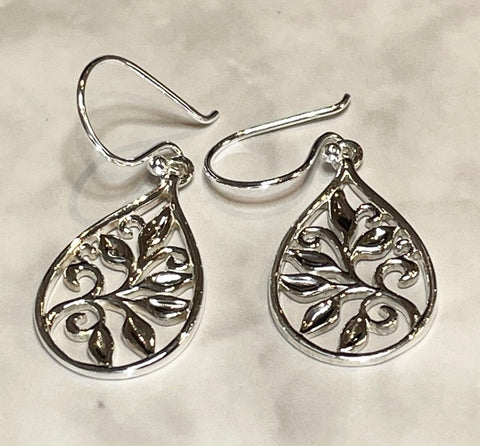 Teardrop Silver Hook Earrings, Floral detail (KM75)