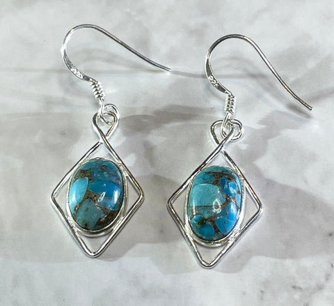 Diamond Framed Blue Mohave Silver Earrings (KM61)