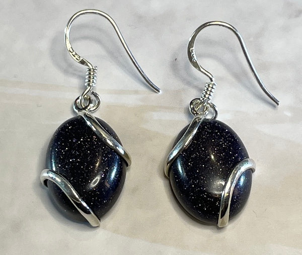 Oval Blue Goldstone with Silver overlay Earrings (KM63)