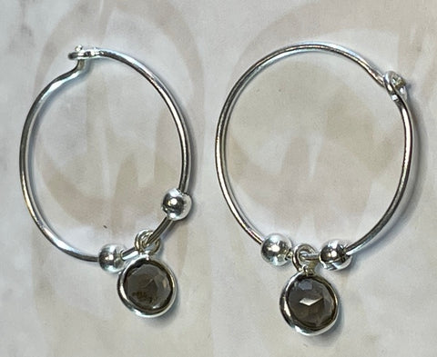 Hooped Silver Earrings with Smokey Quartz drops (KM89)