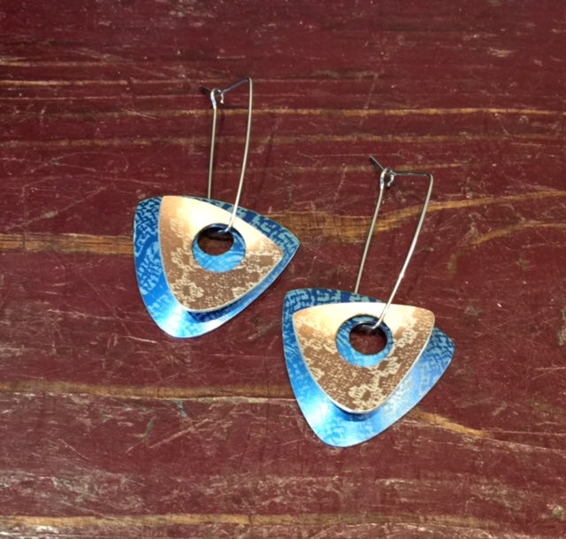 Blue & Bronze Linen Futures Double Triangle Earrings