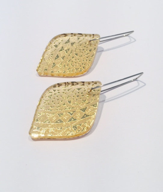 Pale Gold Oval Diamond Acrylic Earrings