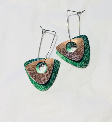 Green & Bronze Linen Futures Double Triangle Earrings