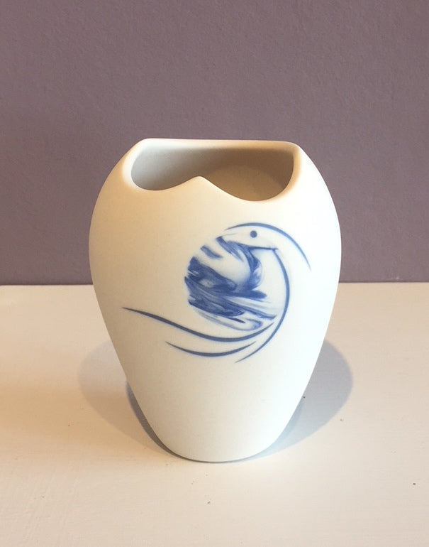 Small White Vase with Blue Moon & Birds 4