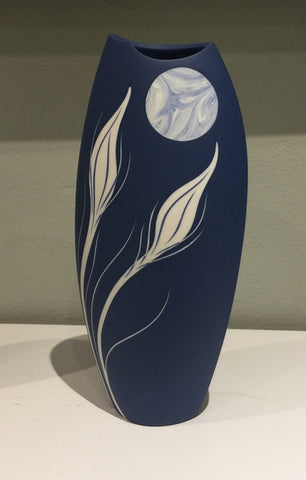 Tall Blue Vase with Moon and Grasses