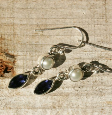 Iolite and Pearl Hook Earrings
