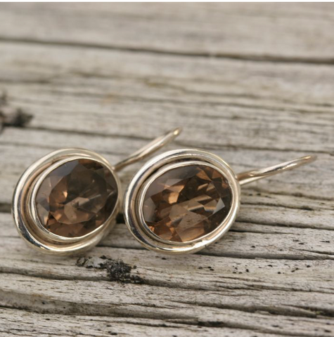 Smoky Quartz Oval Sterling Silver Earrings (CH28)